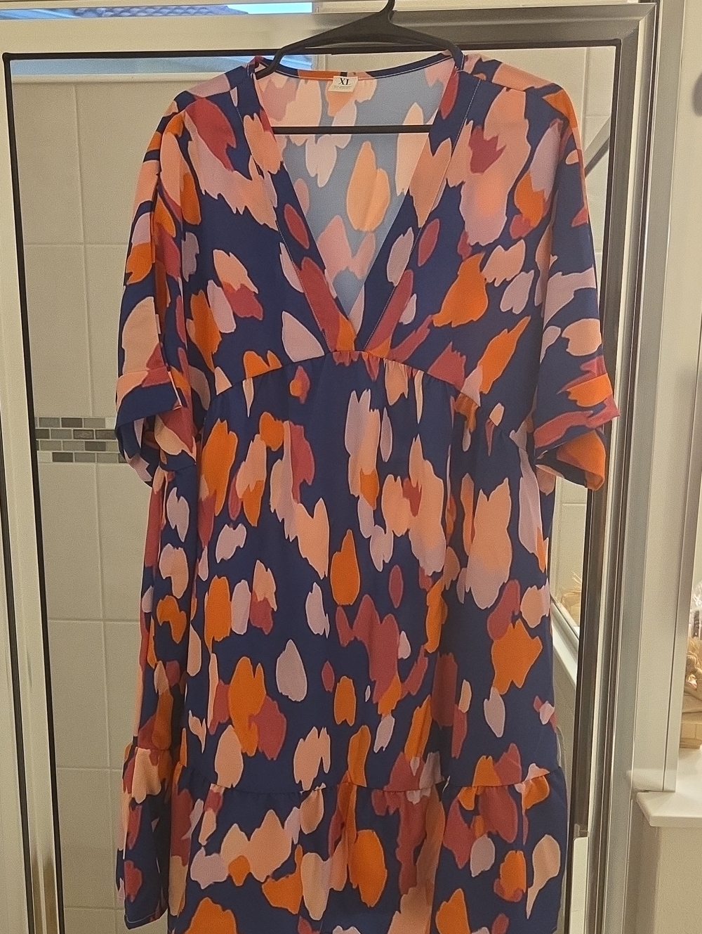 Flowy V-Neck Tunic Dress in Navy with Pink & Orange Abstract Print